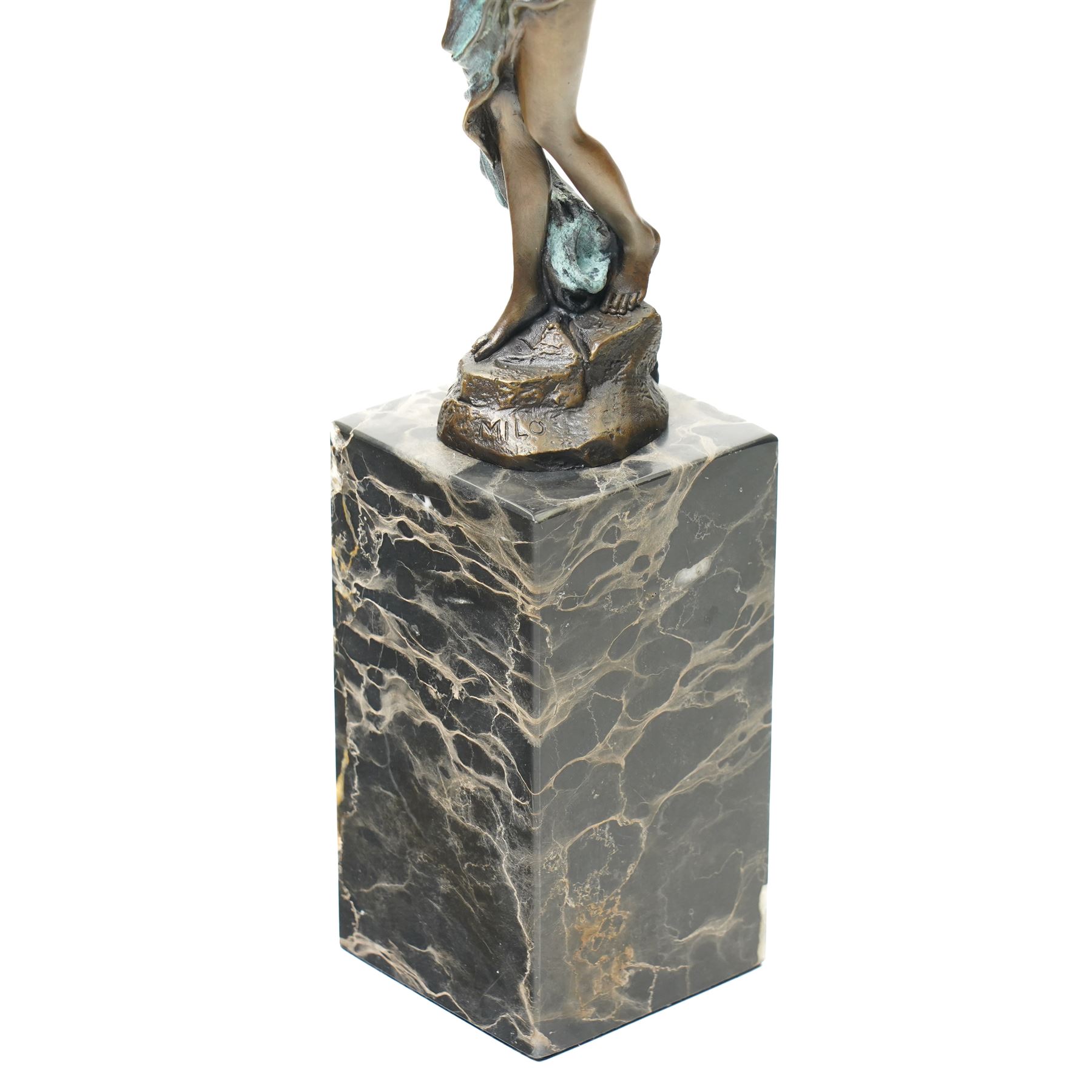 After Milo - bronze sculpture of a dancing lady, on two-tone plinth, H35cm 
