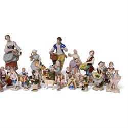 Volkstedt, pair of figures, the flower seller and the bird seller, together with Dresden fruit seller and card seller, with other continental figures
