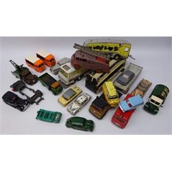  Twenty-three unboxed and playworn Dinky diecast models including Horsebox, Commer Breakdown truck, Austin Seven Countryman, Bedford Refuse Wagon, two NCB electric vans etc   