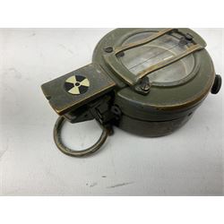 Miscellaneous military and other collector's items including green painted brass Stanley marching compass; Witthauer compass in white metal pocket watch style case marked US; J. Hudson & Co trench whistle inscribed 1918; military veterinary fleams by W. & H. Hutchinson, marked B(arrow)O, in original case; trench art brass lighter and two other lighters; brass shell case; bosun's whistle etc