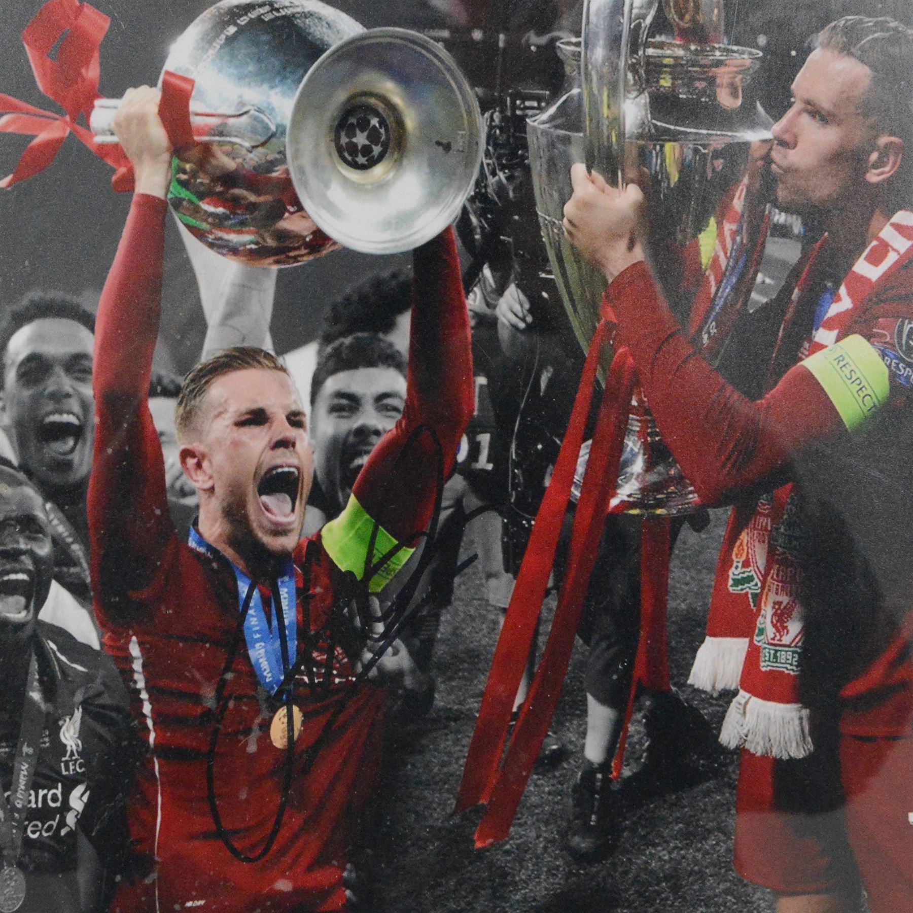 Signed Jordan Henderson montage, framed with certificate of authenticity from Montage Memorabilia, frame H46cm