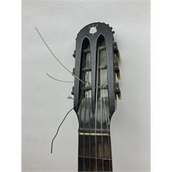 19th century Continental parlour guitar for restoration or display, with maple back and sides,  spruce top, scalloped neck and bone pegs; bears inset plaque to head 'Lapaix Paris 1830' and 'John Eastwood Teacher of the Guitar' paper label with manuscript note 'Fine Old Guitar Restored 1888 by JCB Leeds' L92cm