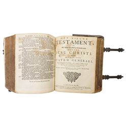 Biblia, dat is de gantsche H. Schrifture..., Dutch States Bible, engraved title, separate New Testament title, metrical Psalms with musical notation, Amsterdam: Ph. Losel, H. Brandt, D. Onder de Linden, G. de Groot, P. Schouten and de Wed. O. van Grafhorst, 1768, contemporary panelled calf with brass clasps, 29 x 23cm