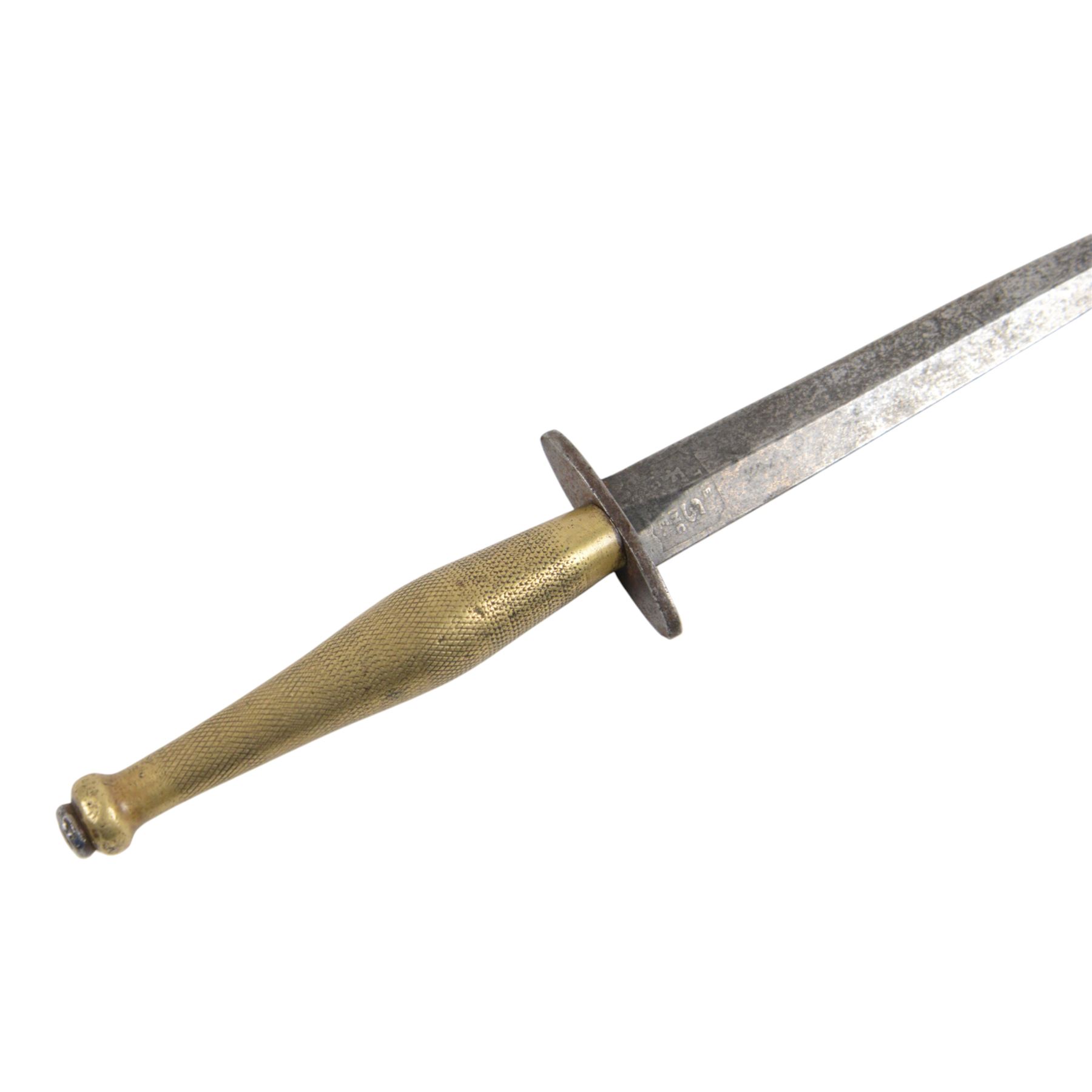 Fairbairn Sykes Fighting Knife, the 17cm double edged blade etched to the ricasso 'F-S Fighting Knife', brass checkered grip with steel ball pommel nut, overall L29cm