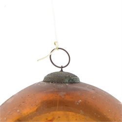 Two gold coloured glass witches ball, one with bottle neck, the other with metal hanging pendant, largest D18cm