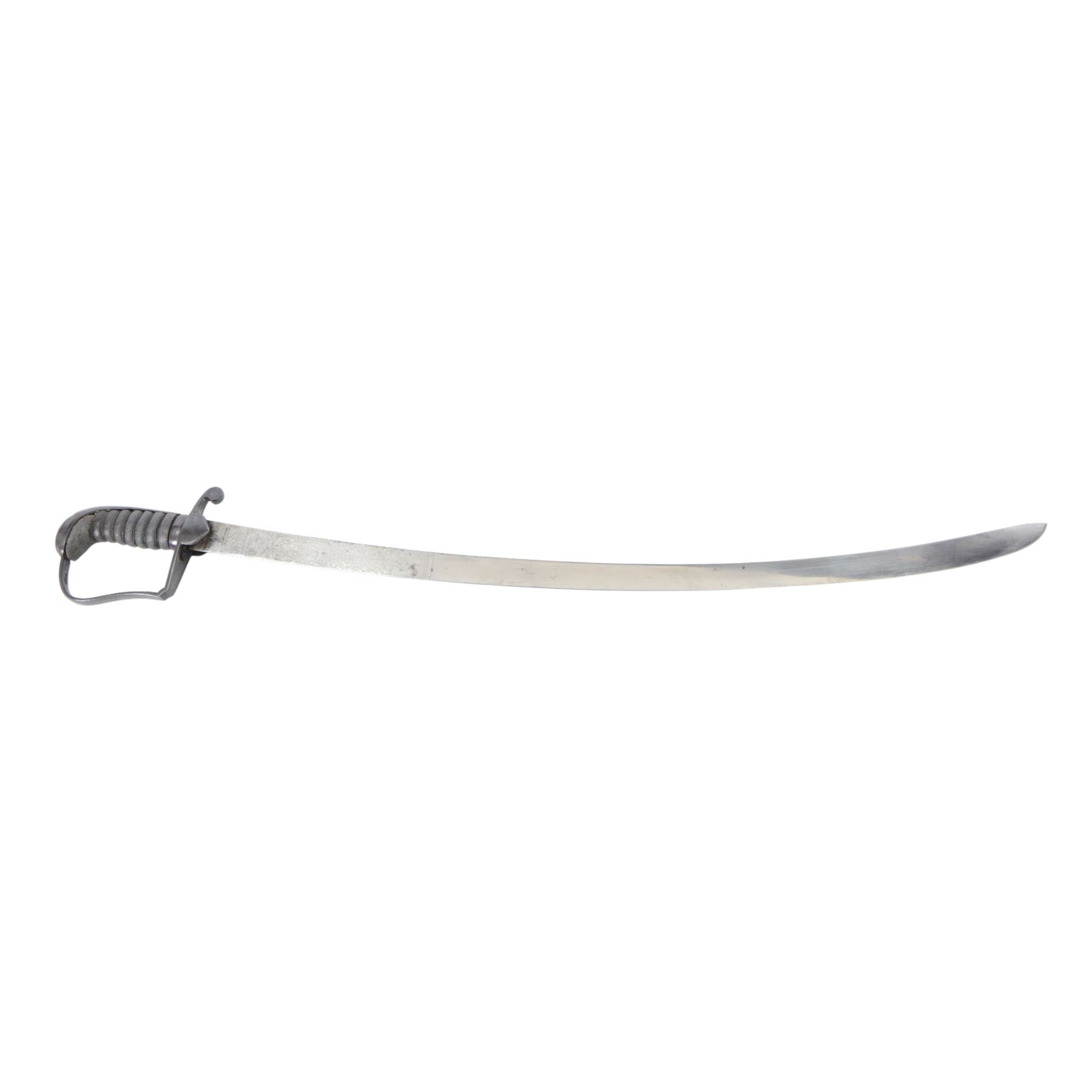 British Georgian 1796 pattern light calvary officers' scabre, the 76cm curved single edge blade etched to both sides, the stirrup steel hilt with shield langets, dove head pommel and backstrap, within steel scabbard with twin suspension rings, overall L92cm   