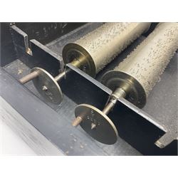 Swiss - 19th-century cylinder music box with three butterfly bells in sight, in a mahogany case with two separately boxed  6” cylinders, glazed viewing lid, 41 tooth comb (one tooth broken) crank key missing, movement untested.