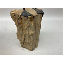 Wooden sculpture of Cormorant aquatic bird on a naturalistic wooden plinth, H46cm