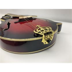 Eastern eight-string mandolin with red sunburst finish and mother-of-pearl inlay of eagles, clouds, trees etc L86cm; in fitted hard carrying case