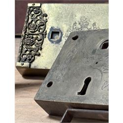 Large 19th century brass dead lock with key (16cm x 11cm) together with a gilt brass cased dead lock, the case with engraved cartouche and filigree, complete with key (18cm x 11cm) together with another engraved brass cased door lock (3)  - COLLECTION BY APPOINTMENT FROM: The White House, Thirsk Road, Easingwold, York, YO61 3NF - CALL 01723 507111 TO ARRANGE