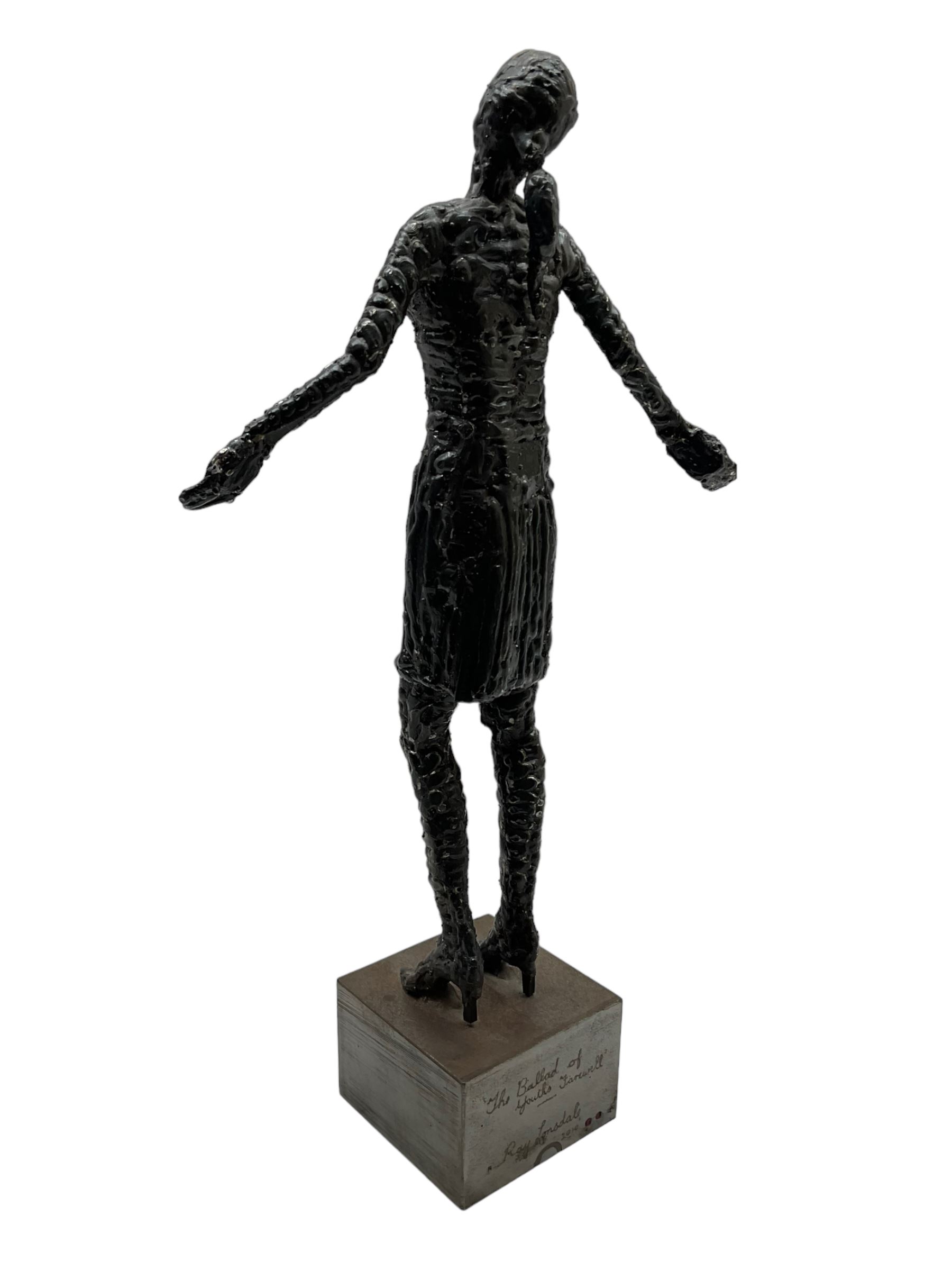 Ray Lonsdale (Northern British 1965-): 'The Ballad of Youths Farewell', steel statuette signed titled and dated 2010 to the base, H37cm including base 
Notes: originally a steel fabricator from Durham, sculpture had always been Ray’s passion, and after winning The People’s Award within the Hanging Jury Competition in Newcastle 2003, he now works as an artist full-time. He is best known for his large-scale public sculptures, such as 'Freddie Gilroy and the Belsen Stragglers' on Scarborough North Bay, 'The Tunney' on Scarborough Pier, 'The Smugglers Apprentice' on Merchants Row, and 'A High Tide in Short Wellies' on the Coble Landing Filey.