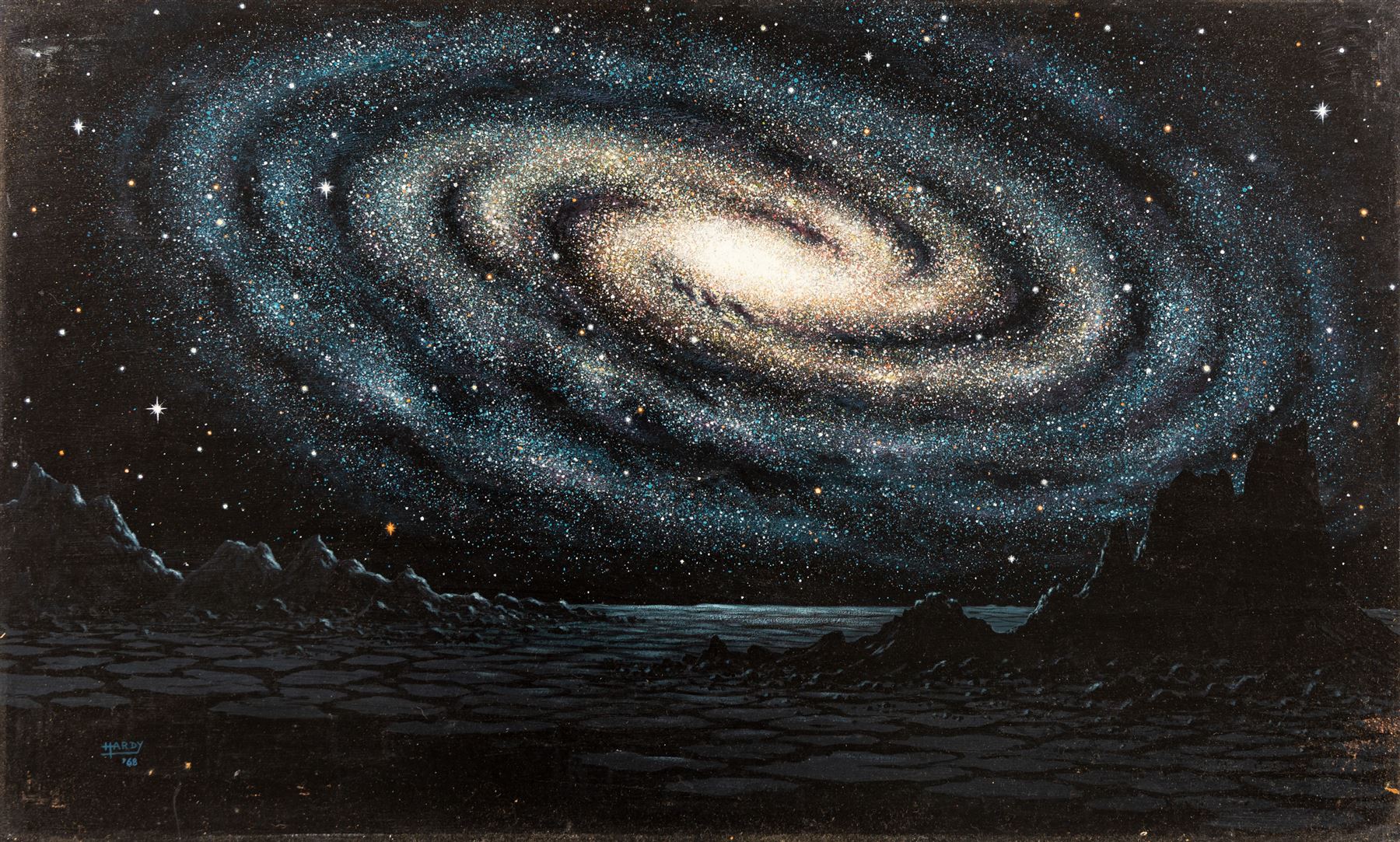 David A Hardy (British 1936-): Andromeda, oil on board signed and dated '68, 47cmx76cm (unframed)
Notes: This item is from the private collection of Arthur C. Clarke's brother.