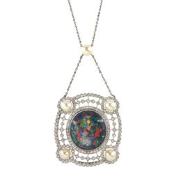 Early 20th century platinum milgrain set black opal, diamond and pearl pendant necklace, the central black opal with openwork diamond set border, each corner set with a pearl, suspending from a pearl and trace link necklace, retailed by Heming & Co, 28 Conduit Street, London, in fitted velvet and silk lined case