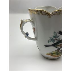 Helena Wolfsohn hot chocolate cup and saucer, each of quatrefoil shape painted with birds perched upon branches, butterflies and insects upon plain white ground with gilt foliate borders, both with underglaze blue AR mark beneath, saucer W13cm