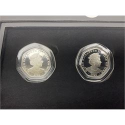 Two Queen Elizabeth II Isle of Man 2020 silver proof fifty pence coin sets, comprising 'Rupert Bear' five coins and 'Peter Pan' six coins, both cased with certificates