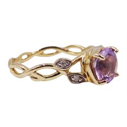 9ct gold single stone round lavender amethyst ring, with crossover openwork shoulders, set with diamonds, hallmarked