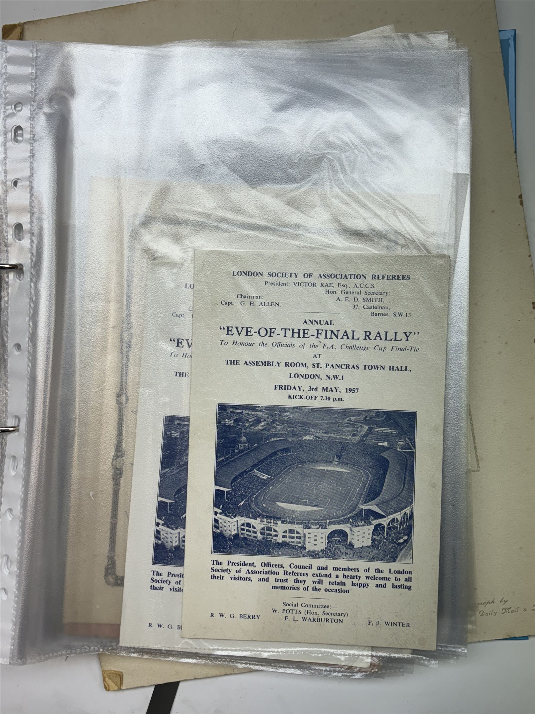 Collection of football memorabilia belonging and relating to the Hull based referee Frank Coultas, including 9ct gold Referee's medal for the 1957 Aston Villa v Manchester United FA Cup Final, inscribed 'The Football Association, F.B Coultas, F.A. Challenge Cup Competition, Final Tie 1957', hallmarked and in original case; the kit worn by him to referee the 1957 FA Cup Final and ephemera relating to the match including photographs, programmes and tickets; together with other football memorabilia collected by Frank Coultas, including programmes, photograph and ticket stubs, with some items relating to the 'Busby Babes'
