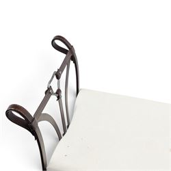 And So To Bed - 'Handel' wrought iron window seat, the rectangular upholstered seat enclosed by scrolling and arched ends with shaped uprights, on scrolling supports united by curved stretchers