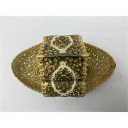 Hungarian Zsolnay Pecs gilt and green reticulated basket, upon four feet, with gold mark beneath, H14cm L21cm
