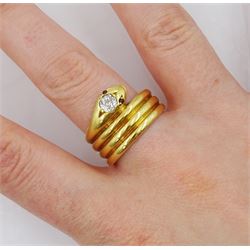 Victorian 18ct gold coiled snake ring, the head set with a single stone diamond and stone set eyes, makers mark EB, London 1886, diamond approx 0.35 carat