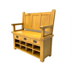 Solid oak Monks bench with drawers and open storage