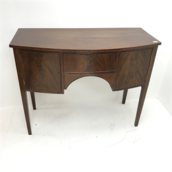 Georgian inlaid mahogany bow front sideboard, single drawer flanked by two cupboards, tapering supports, W119cm, H93cm, D55cm