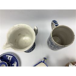 Wedgwood jasperware chamber candlestick, together with blue and white ceramic tankard, footed jug, art glass basket etc