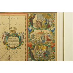 Johannes (Joan) Blaeu (Dutch 1571-1638): 'Britannia Prout Divisa fuit Temporibus Anglo-Saxonum Praesertim Durante Illorum Heptarchia' (Britain as it was Divided During the Anglo-Saxon Times), engraved map of the British Isles with hand-colouring and 14 Dutch style miniature vignettes depicting kings and scenes from Saxon history, later edition 43cm x 54cm