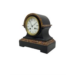 A mid-19th century Belgium slate and marble mantle clock with a French twin train striking movement by Achille Brocot, case with a break arch top and waisted body on a raised plinth inlaid with contrasting marble, with a white enamel dial, Roman numerals, minute markers and steel moon hands, movement striking the hours and half hours on a bell. With pendulum.


