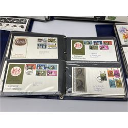 Mostly Great British first day covers, some with special postmarks, from the 1960s to the early 2000s and a small number of Queen Elizabeth II usable postage stamps, housed in eleven ring binder folders