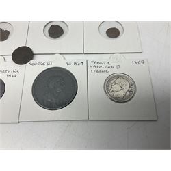 Coins including George III 1807 penny, George IV 1821 farthing, France Napoleon III 1867 one franc etc