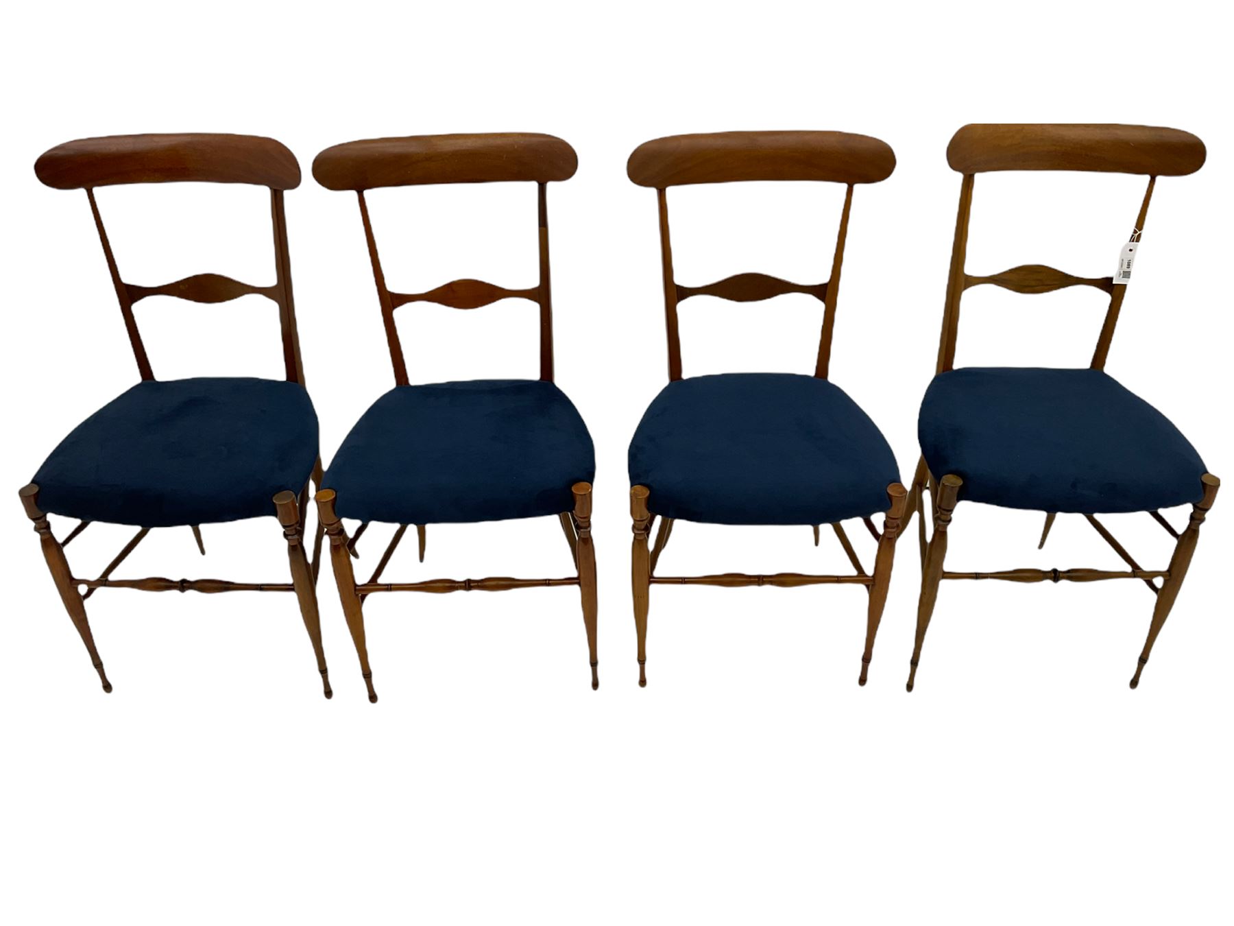Campanino Chiavari by Fratelli Levaggi - circa. 1950s set eight walnut dining chairs, seats upholstered in blue fabric, 