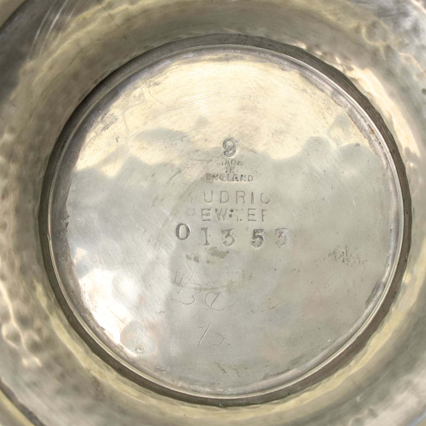 Quantity of Tudric pewter including small hammered pedestal bowl, milk jugs, sugar bowls etc and a WMF dish with Dutch figures No261