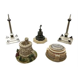 Five Lilliput Lane models from the 'Britain's Heritage' collection, comprising The Royal Albert Hall, Windsor Castle Round Tower, Eros and Nelson's Column and another snowed, all boxed