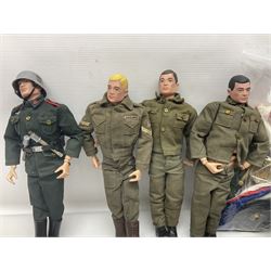Action Man - five figures marked on the back 'Made in England by Palitoy under licence from Hasbro 1964', one dressed as a German Stormtrooper, one as a Red Devil Pilot and three in army uniform; another similar action figure marked to the right buttock ' G.I. Joe Copyright 1964 by Hasbro Patent Pending Made in Canada' dressed in army uniform; together with an Action Man jeep, field gun, mortar and machine guns and other accessories including helmets and weapons, parachute, diving equipment, skis and snow shoes, boots, uniforms etc; all unboxed