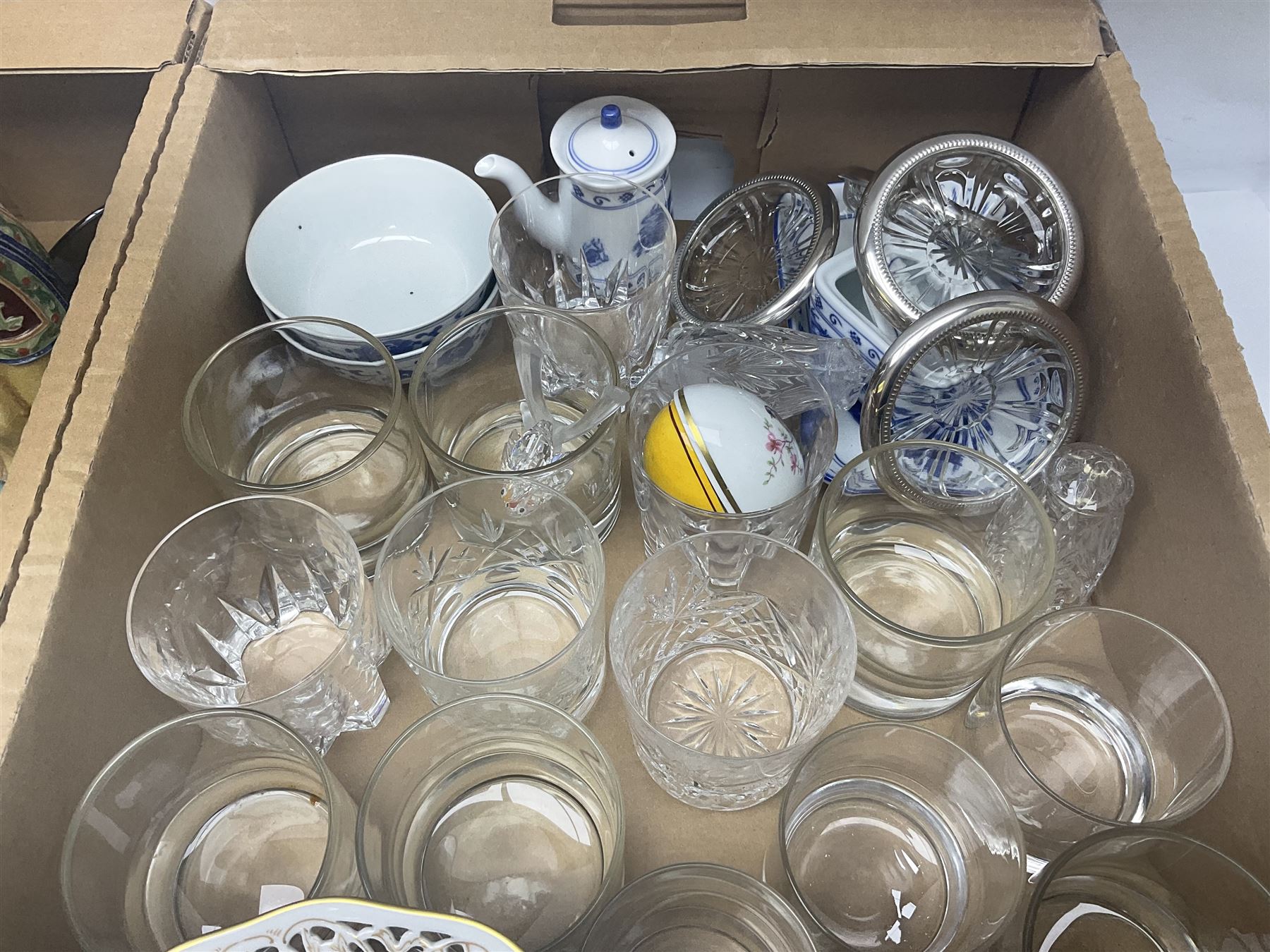 Pair of ginger jars, together with oriental figure, Kaiser plates, glassware etc, in two boxes 