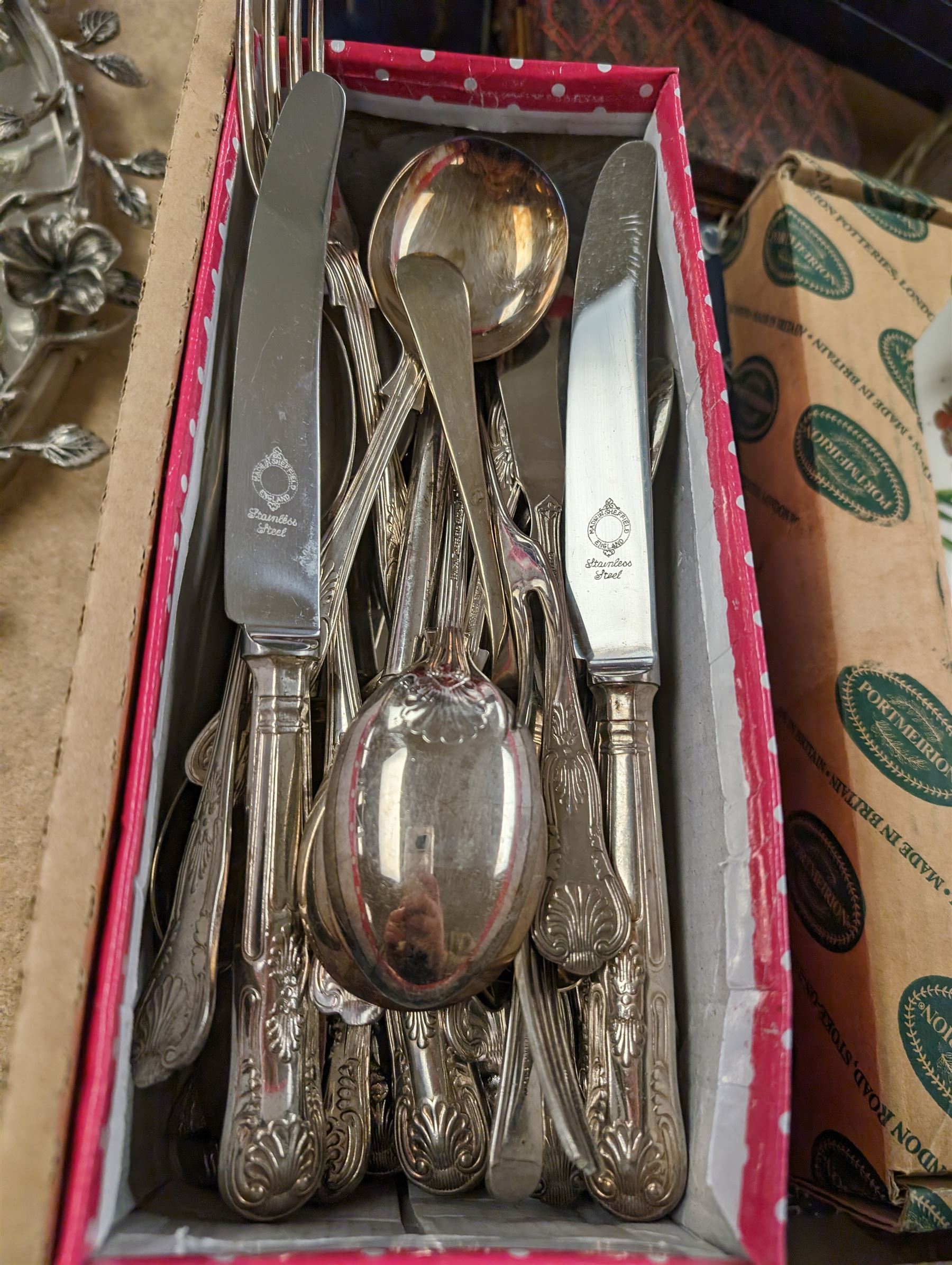 Portmeirion Botanic Garden serving dish, Royal Worcester serving dish, collection of silver plated Kings Pattern cutlery, one silver teaspoon, Mumbys soda bottle, floral mirror, etc