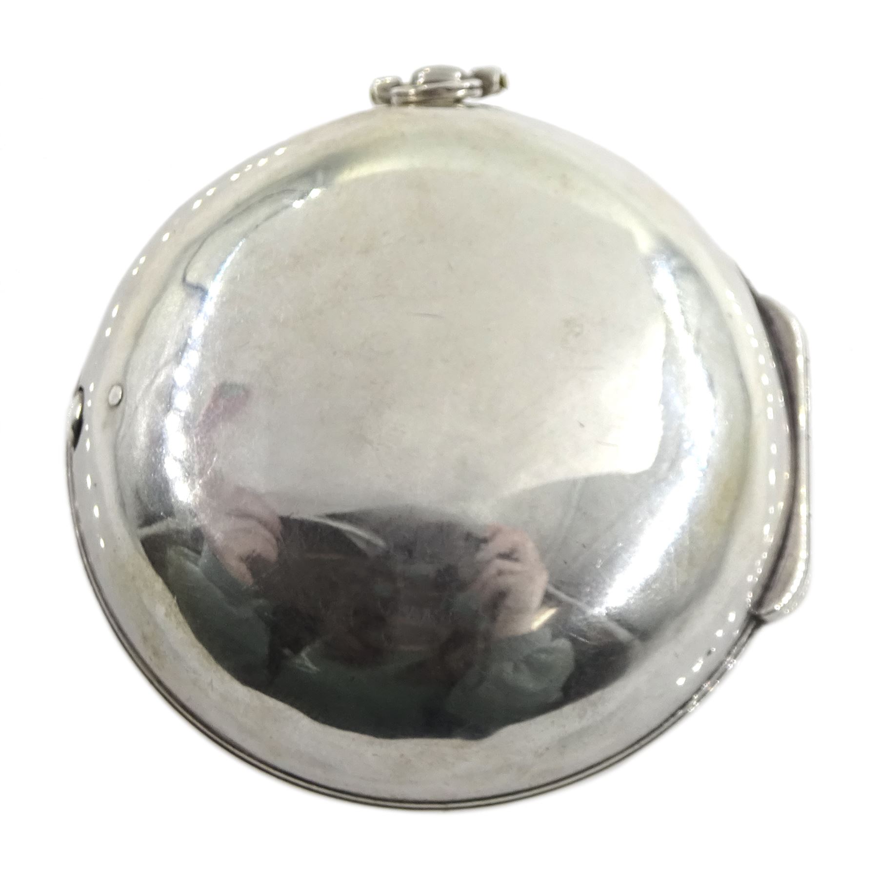 18th century silver pair cased verge fusee pocket watch by John Berry, London, No. 750, Egyptian pillars, pierced and engraved balance cock with scallop shell decoration, silver champleve dial with gilt border, Roman hours and outer Arabic minute ring, steel beetle and poker hands, dial signed Berry London