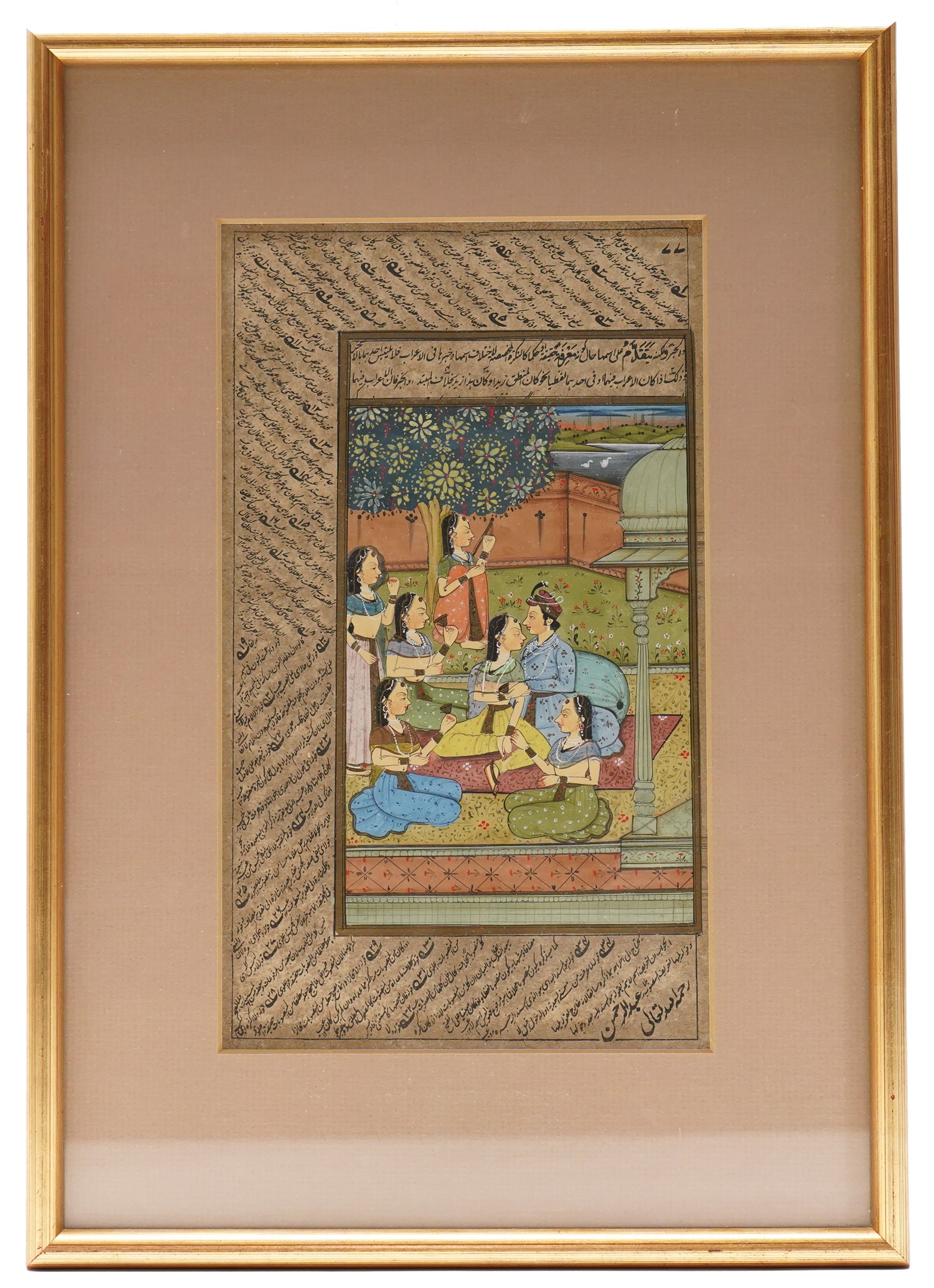 After Muhammad Daulat or 'Dawlat' (Mughal School fl.1595-1640): Water Buffalo Fighting, ink watercolour and gold on paper indistinctly signed 12cm x 22cm; together with two further Mughal pictures, depicting a composite camel and rider, and a Prince and harem in a garden setting (3)