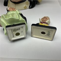 Royal Doulton two character jugs from the Star Crossed Lovers Collection, Antony & Cleopatra D6728 and Napoleon & Josephine D6750, together with two Royal Doulton Figures Micawber and Sairey Gamp