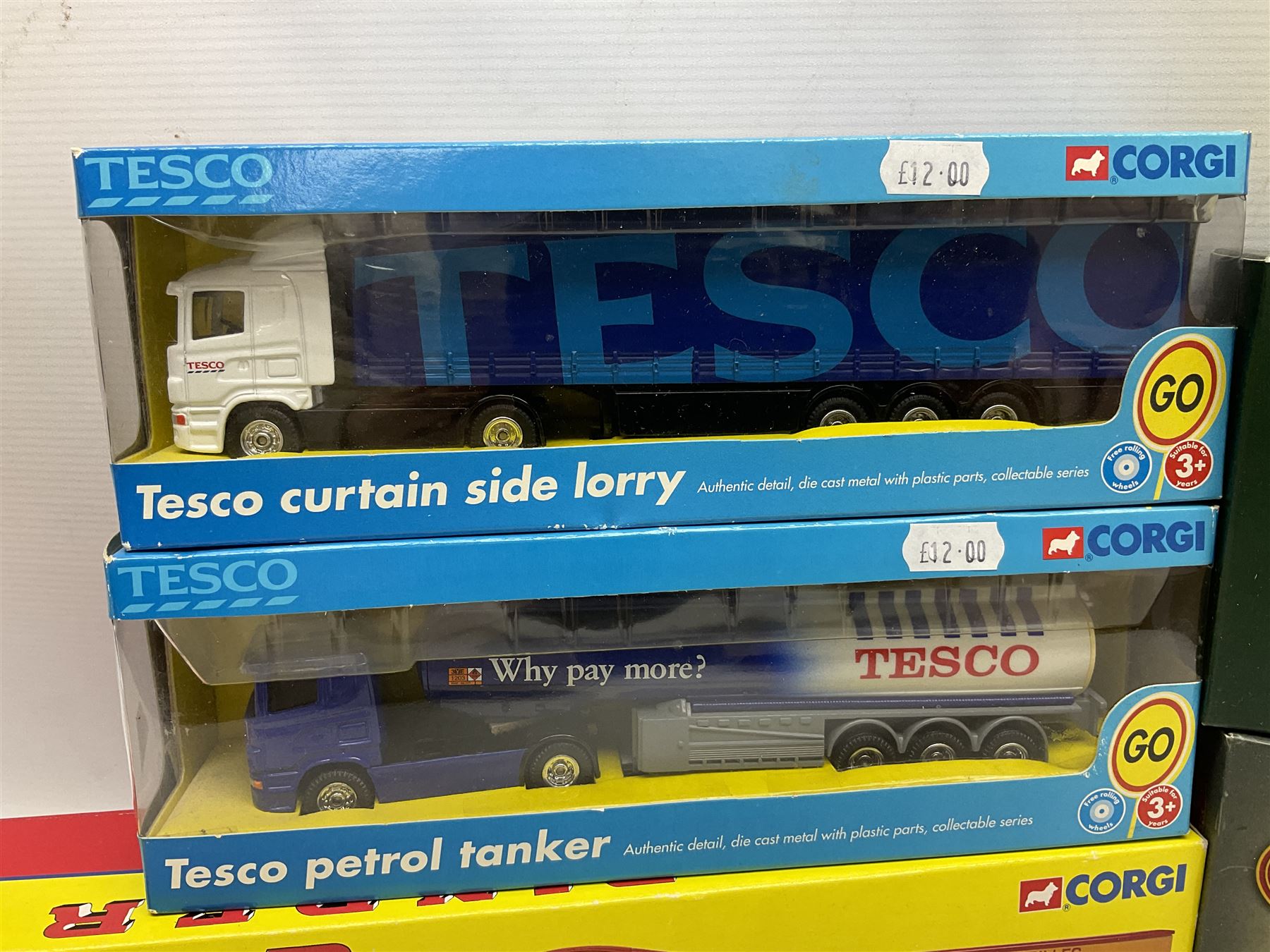 Corgi - 16801 Pinder Jean Richard Scammell Highwayman with two animal cages; CC12303 Premium Edition Scammell Contractor Austen Bros.; 80307 limited edition Vintage Glory Garrett Road Tractor and Flatbed Trailer; 09802 ERF 8 Wheel Rigid with load; 98459 White Soda Truck; and two Tesco lorries; all boxed (7)