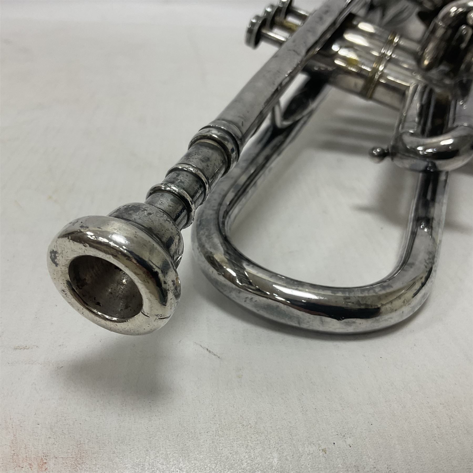 Victorian Class A silver plated trumpet retailed by Kitchen & Co,29 Queen Victoria Street Leeds, 1897 with mouthpiece/slide and in its original felt lined box
