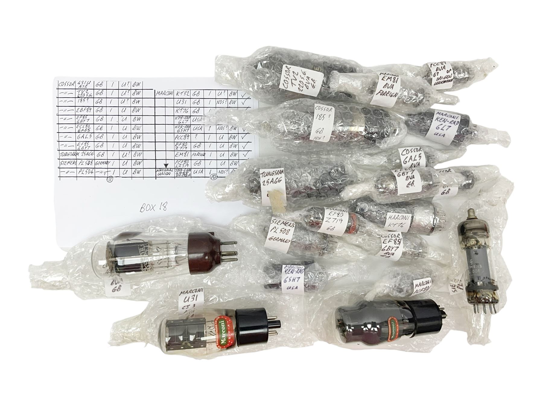 Collection of Cossor, Marconi, Siemens and similar thermionic radio valves/vacuum tubes, including KT32, 43IU, U31, PL504 approximately 21 as per list, unboxed
