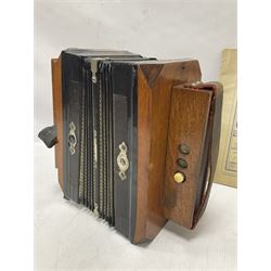 Three European concertinas, comprising Viceroy German concertina with 21 keys, hexagon wooden frame and 8 fold bellows
Oak framed concertina with 12 keys and 8 fold bellows
Commander concertina with 12 keys and 12 fold bellows
With tutor