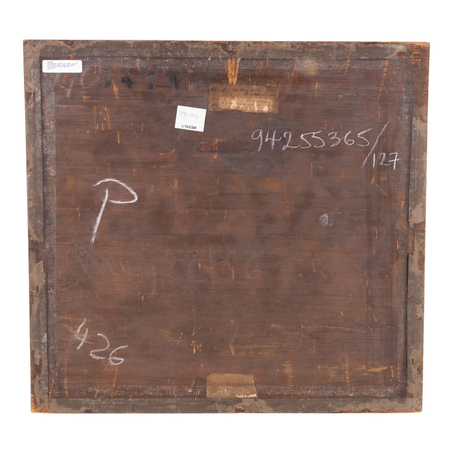 Mary Margetts (British fl.1841-1886): 'An Ivory Tankard with Flowers', watercolour signed, titled and dated 1884 on label verso 30cm x 33cm (unframed) 
Provenance: sold Bonhams London 9th August 2005 Lot 306