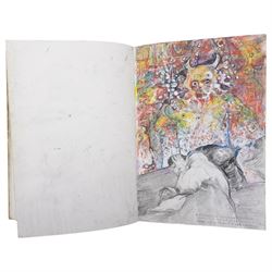 John Gilbey Bowles (British 1929-2011): Artist's Sketchbook - Surreal Art History Conversations, sketchbook containing thirty-four pages of pencil pastel and mixed media sketches of an art historical theme with interactions between famous paintings by different hands, most signed and dated 2008
Notes: examples include Edvard Munch's 'The Scream' reacting to a drawing by LS Lowry of street fighting; Albrecht Durer's drawing of a man dreaming of the Matisse line drawing; Hieronymus Bosch's 'The Last Judgment (detail) overseeing 'the Bacchanale Anglais' by Thomas Rowlandson; Toad of Toad Hall from the Wind in the Willows singing the praises of Henry VIII by Hans Holbein; a drawing by Leonardo Da Vinci admiring the humour in the drawing by LS Lowry; a Henry Moore drawing dreaming of a Thomas Rowlandson composition etc.