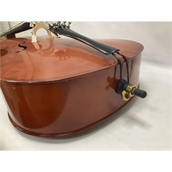 Gear 4 Music full size cello with a maple back and ribs and spruce top, ebony fittings and fingerboard, with two bows in hard case Length 123cm