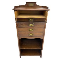 Edwardian walnut sheet music cabinet, raised back with plaque inscribed 