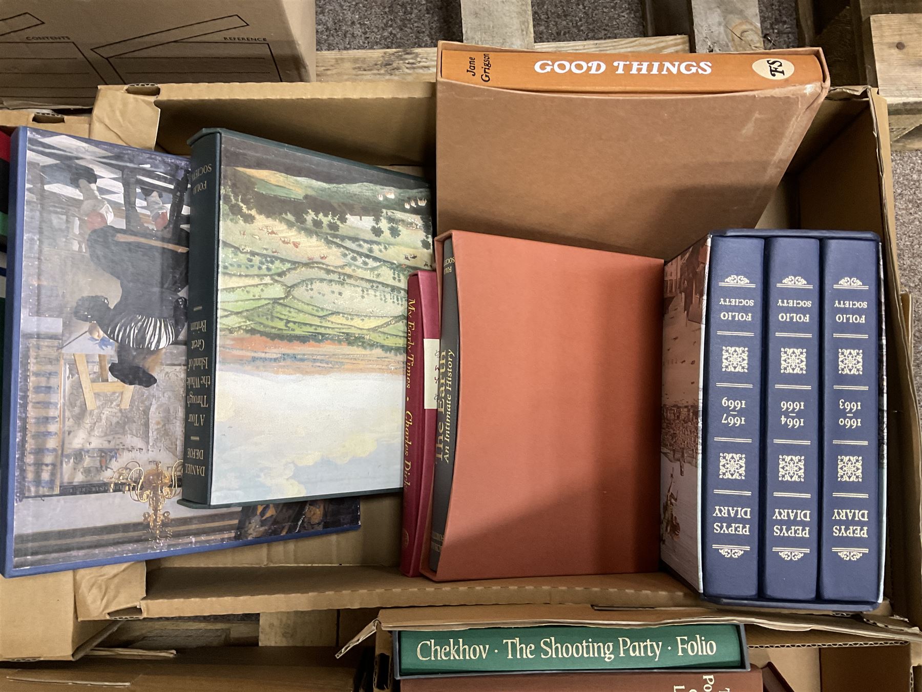 Large collection of Folio Society society books on various subjects, including Pepys Diary 1660-1669 in 3 volumes, Shakespeare eight volumes, Catherine the Great, Enigma etc, in six boxes 
