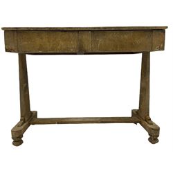 Victorian scumbled pine console table, the rectangular top over two frieze drawers, tapered end supports on platforms joined by flat stretcher, turned feet
